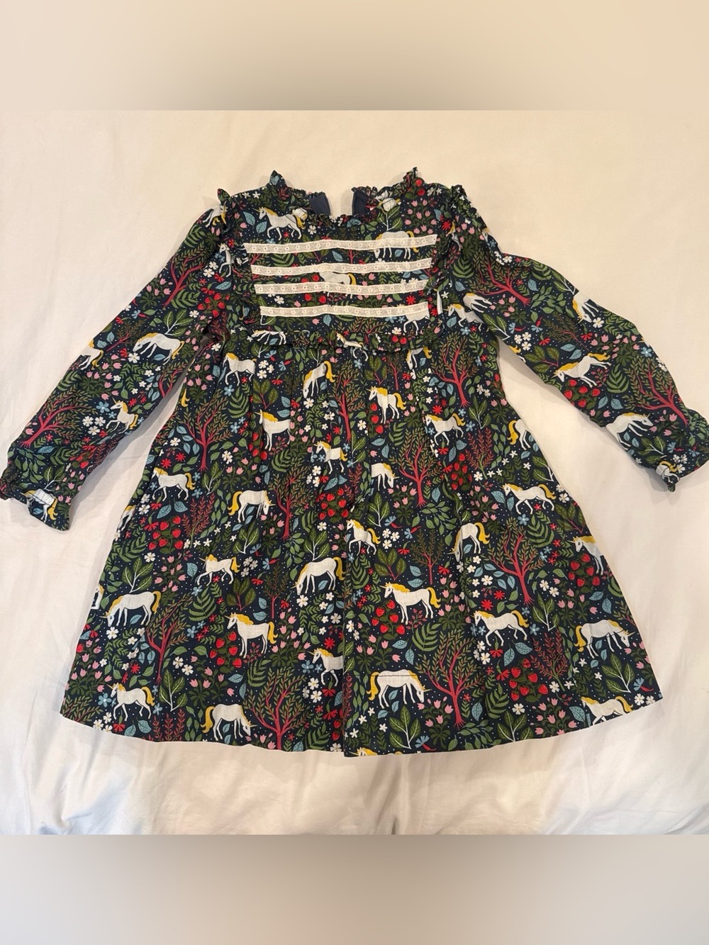 Mini Boden Navy Unicorn & Floral Long Sleeve Dress Size 4-5